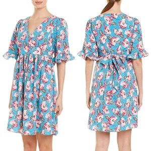 Betsey Johnson Size 10 Floral Ruffle Sleeve Tie-Back Midi Dress Blue Pink Roses